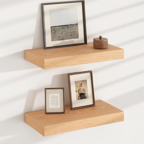 FLYJOE Floating Shelves for Wall, USA-Sourced Oak Wood 16 Inch Wall Shelves Set of 2, Natural Wooden Mounted Picture Ledge Shelf, Nursery Book Storage Shelf Kids Bookshelf Display, Shelf for Bathroom - color: Usa-sourced Oak Wood, size: 16''W, 2Packs