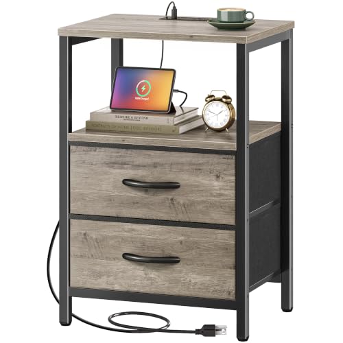 Huuger Nightstand with Charging Station, Fabric Drawers, End Table with Open Shelf, Bedside Table with USB Ports and Outlets, Night Stand for Bedroom, Oak - color: Oak, size: 11.8"d X 15.7"w X 23.6"h (2 Drawers)