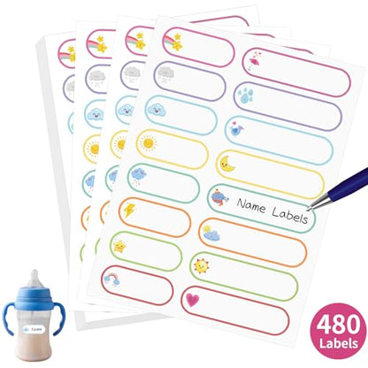 480 Pcs Labels for Kids Stuff Daycare, Waterproof Baby Name Label, Washable Bottle Labels, Reusable Self-Adhesive Tag Stickers for School Essentials, Self-Laminating Write-on (Weather) - style: Weather