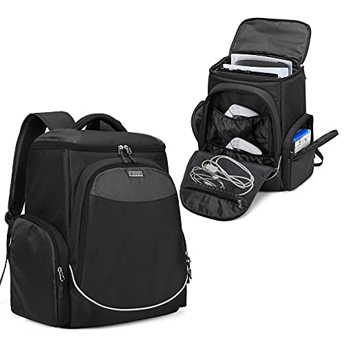 Trunab Gaming Console Backpack Compatible with Playstation 5 / PS5 Slim / PS4 / Xbox One, Travel Carrying Bag with Multiple Pockets for 15.6” Laptop and Gaming Accessories - color: Black Zip
