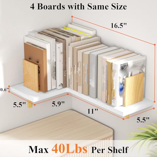 Love-KANKEI Corner Wall Shelf Set of 4,Solid Wood/Bracket,16.5"x 11",White | Easy to Install,Floating Wall Shelves,40 Lbs/shelf,For Bedroom Living Room Bathroom Kitchen Office,Storage Display,Wall Decor - color: White&gold