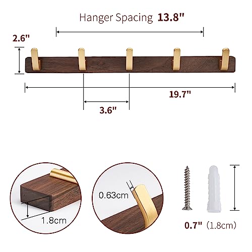 Wall Mounted Coat Rack, Entryway Hanging Coat Rack, Metal Wood Coat Rail with 5 Rustic Hooks Rail for Coat, Scarf, Bag, Towel, Key, Cap, Hat, Walnut Gold Matt - size: 5 Hooks - Curve Shape