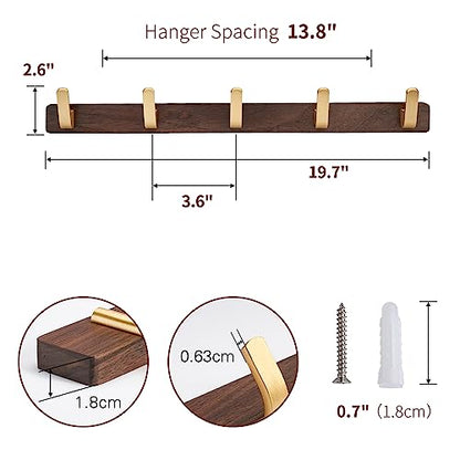 Wall Mounted Coat Rack, Entryway Hanging Coat Rack, Metal Wood Coat Rail with 5 Rustic Hooks Rail for Coat, Scarf, Bag, Towel, Key, Cap, Hat, Walnut Gold Matt - size: 5 Hooks - Curve Shape