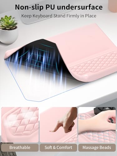 3-in-1 Ergonomic Keyboard Stand with Wrist Rest & Mouse Pad Set, Comfy Keyboard Riser Holder Soft Mousepad with Massage Design, Memory Foam and Non-Slip PU Base for Pain Relief, Pink - color: Light Pink