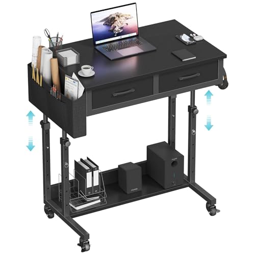 Small Portable Rolling Standing Desk - 32 Inch Adjustable Mobile Stand Up Gaming Desks with 2 Fabric Drawers on Wheels, Couch Sofa Side Laptop Table with Storage for Home Office, Black - color: Black, size: 31.5"