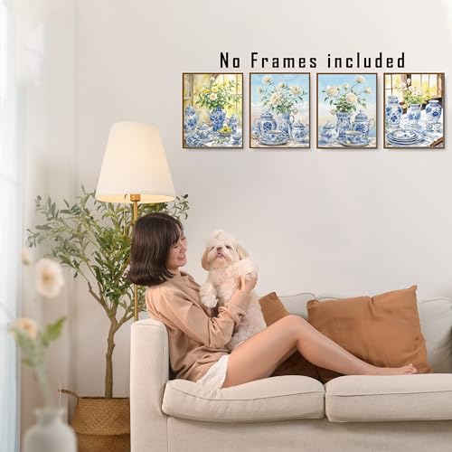 FITIE Blue and White Chinoiserie Floral Wall Art Posters Set of 4, Grandmillennial Home Decor, French Country Cottagecore Porcelain Flower Canvas Prints Artwork Wall Decor, 8x10 Unframed - color: Color-Nature Landscape 05