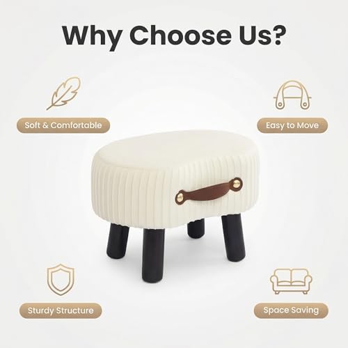 Foot Stools Small, White Ottomon with Handle, Velvet Footrest | Curved Foot Stool with Padded Seat Wooden Legs, Portable Foot Rest for Living Room, Bedroom, Entryway (White) - color: Bright White