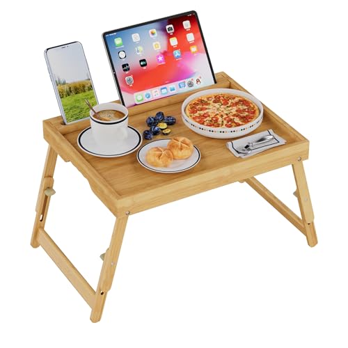 Artmeer Bed Tray Table with Folding Legs, Bamboo Breakfast Food Tray with Media Slot, Use As Platter, Laptop Desk, Snack, TV Tray Kitchen Serving Tray (Bamboo Large Adjustable Legs) - color: Bamboo, size: Large Adjustable