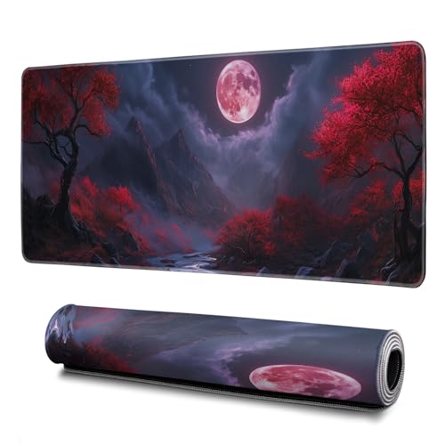 Darkness Red Moon Mouse Pad Abstract Red Mouse Pad 31.5x11.8 Inch Texture Non-Slip Rubber Base Large Mousepad Stitched Edges Keyboard Mouse Mat Desk Pad for Office and Home (Darkness 2) - color: Darkness Red Moon 2