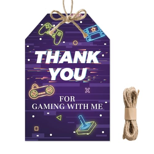 50pcs Game Thank You Tags Gaming Gift Tag with String for Game Night Party Pixel Thank You Cards for Video Game Birthday Party Favors Gender Reveal Double sided