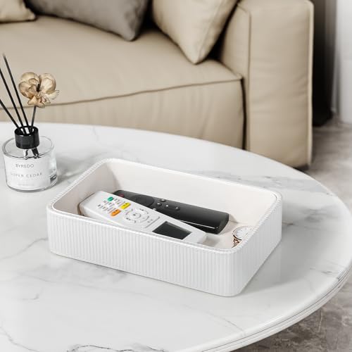 PU Leather Valet Tray Organizer, Small Nightstand Organizer Bedside Desktop Storage for Womens and Men, Perfume Trinket Catchall Vanity Tray for Key Watch Wallet (White, Rectangular) - color: White