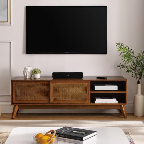 LKTART Mid Century Modern Rattan TV Stand for 65 Inch TV,59" Boho Media Console with Sliding Doors & Open Shelves,Solid Wood Legs for Living Room,Light Walnut - color: 59" Light Walnut