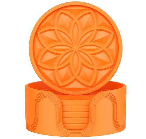 HFHOME Silicone Coasters Set with Holder - 6 Pack Drink Coasters for Coffee Table, Bar Tabletop Protection - Orange - color: Orange