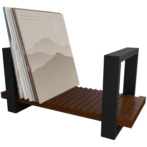 Vinyl Record Holder, Adjustable LP Storage Rack for 57 Records, Wooden Albums Holder with Grooved Base, Mid Century Modern Vinyl Record Display Stand for Player, Shelf & Home Decor - color: Dark Brown