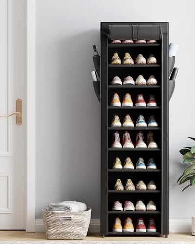 Kitsure Shoe Rack - 10-Tier Large Capacity Shoe Organizer Shelf with Dust Cover & Side Pockets, Rust-Proof Metal Shoe Rack for Closet, Entrance, Living Room, 17.5" x 12.4" x 69.3", Black - color: Black, size: 17.5" x 12.4" x 69.3"