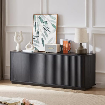 64" Modern TV Stand Sideboard Storage Cabinet, Wooden Curved TV Console with Sliding Doors, Wave Pattern Buffet Cabinet Wooden Vertical Striped Table for Kitchen/Bedroom/Entryway (Black) - color: Black