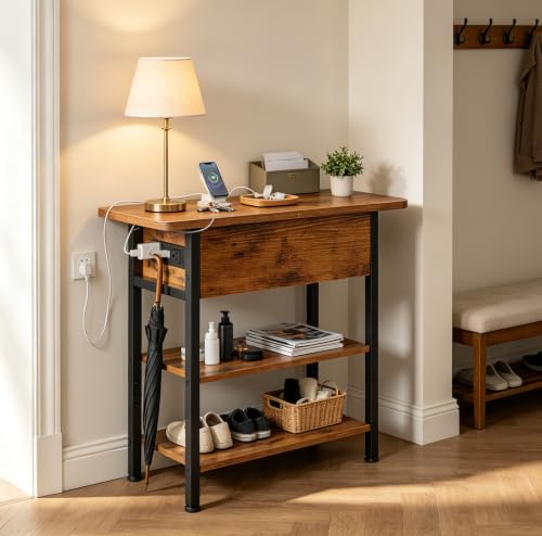 WLIVE End Table with Charging Station, Flip Top Narrow Side Table with Storage Shelf, Small Nightstand with USB Ports and Outlets,Bedside Table for Living Room, Bedroom,11.81" D x 23.62" W x 24.33" H - color: Rustic Brown