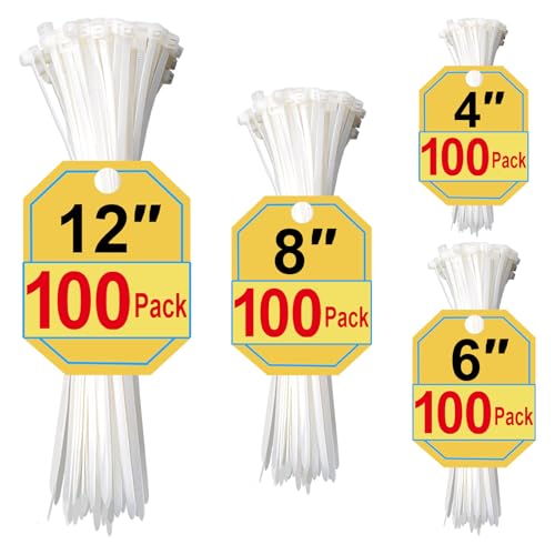 White Zip Ties Assorted Sizes 4+6+8+12 Inch, 400 Pack, Clear Zip Ties, White Cable Ties, Zipties Clear, UV Resistant Wire Ties, Plastic Ties, Tie Wraps Assorted Sizes, SiKuLin - size: 4+6+8+12 (400 Pack)