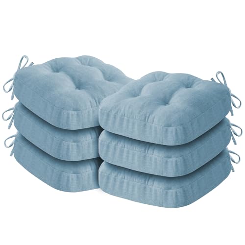 IASEAHK Chair Cushions for Dining Chairs, Dining Chair Cushions, Tufted Indoor Chair Pads with Ties & Non Slip Backing, Seat Cushions for Kitchen Chairs 16.5” x 16.5” x 3.5”, Set of 6, Light Blue - color: Light Blue, size: Pack of 6
