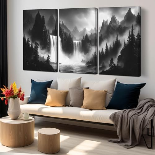 CIRABKY Waterfall Canvas Wall Art for Living Room - Mountains Pictures Wall Art for Office - Modern 3 Piece Large Wall Art for Bedroom Size 24" x 36" - color: Black White 3, size: 36"L x 24"W x 3 PCS