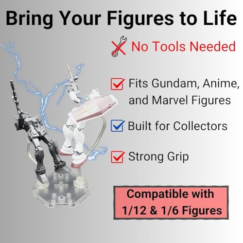 Action Figure Stand with Adjustable 2 Arms, Display Holder Base Compatible with HG, RG, SD, SHF Gundam 1/144, Connectable Base, Compatible with SH Figuarts Effects - 2 Pcs Clear