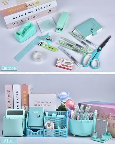 LXEVIHK 21Pcs Green and Blue Desk Organizers and Accessories With Mesh Desk Organizer and 360°Rotating Pen Holder and a Lot of Office Green Office Supplies Beautifully Presented in a Gift Box - color: green+blue