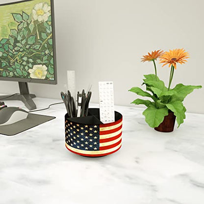 Round Leather Art Supply Organizer,Remote Control Holder,360 Degree Rotating,Multi-Functional Pencil Holder,4 Compartments Desktop Stationary Organizer(1-American Flag) - color: 1-American Flag