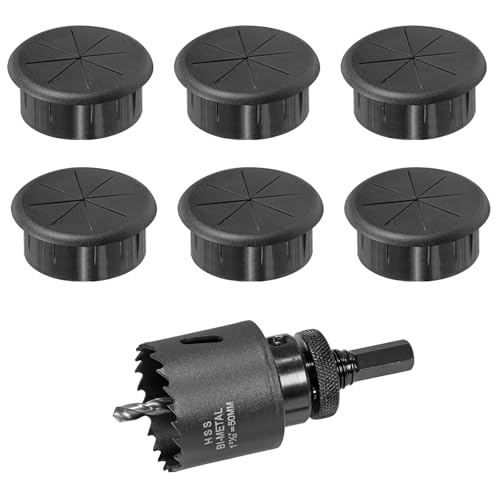 2" Black Desk Grommet, JTemgle Flexible Cable Grommet with Bi-Metal Hole Saw Rubber Cable Hole Cover Wire Organizer Caps Desktop Cord Management for Home Office TV Stands Tabletops, 7 Pieces - color: Black, size: 2" / 50mm