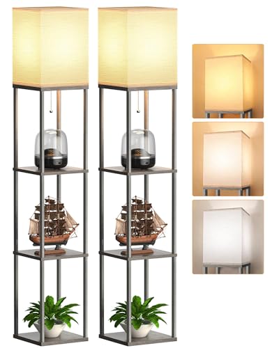 Floor Lamp with Shelves for Living Room 2 Pack Oak Gray, Shelf Floor Lamp with 3 CCT LED Bulb, Corner Display Standing Column Lamp Etagere Organizer Tower Nightstand with White Linen Shade for Bedroom - color: Oak Grey