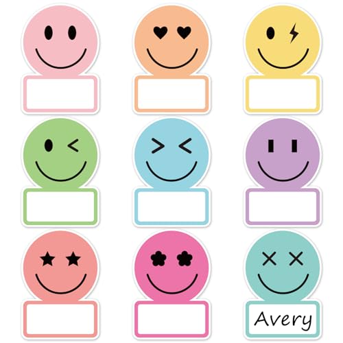 Whaline 135Pcs Pastel Smile Face Name Tag Stickers 9 Designs Nameplate Decals Cute Desk Name Label for Back to School Classroom Bulletin Board Office Wall Decor - color: Pastel