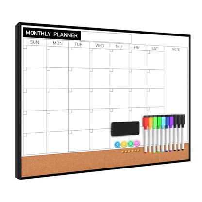 Dry Erase Calendar Cork Board Combo, 18 x 24 Inches Monthly Calendar Whiteboard for Wall, Magnetic White Board with Aluminium Alloy Frame, Hanging Dry Erase Board for Planner Office Kitchen Home Memo - size: 24"W x 18"H, style: Aluminium Alloy Frame
