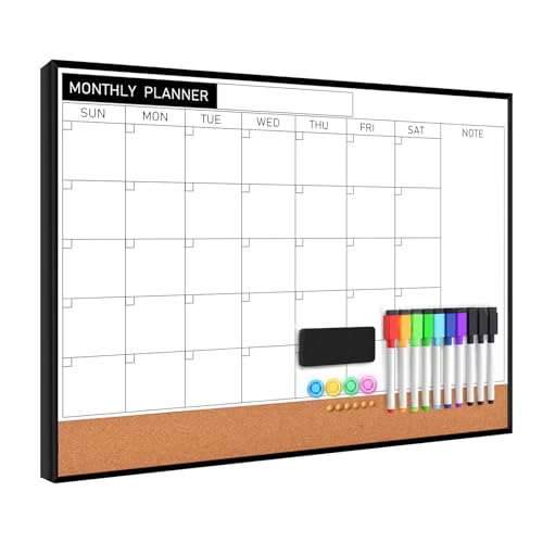 Dry Erase Calendar Cork Board Combo, 18 x 24 Inches Monthly Calendar Whiteboard for Wall, Magnetic White Board with Aluminium Alloy Frame, Hanging Dry Erase Board for Planner Office Kitchen Home Memo - size: 24"W x 18"H, style: Aluminium Alloy Frame