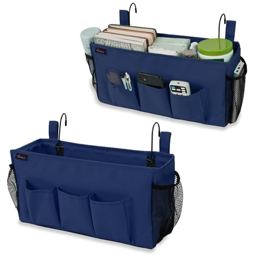 Surblue Bedside Organizer with Hook Bedside Caddy Hanging Storage Bag with Adjustable Straps and Water Bottle Holder for Home College Dorm Bunk Bed Accessories, Crib Bed Rails, Hospital Bed,Navy,2PCS - color: 2Pcs Navy