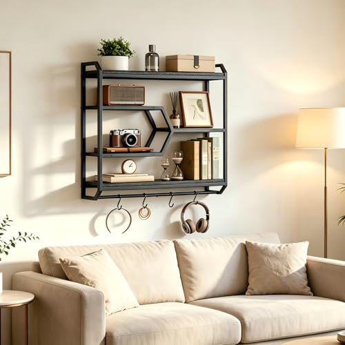 HOOBRO Gaming Floating Shelf with LED Lights, 27.5" LED Wall Mounted Shelf with Hanging Rod & 4 S-Hooks, 4-Tier Hanging Display Rack, for Living Room, Gaming Room, Black BB71DBJ01