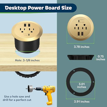 TOPGREENER GaN Desk Grommet with 65W PD for MacBook, Desktop Power Grommet with 1 Fast Charging USB-C Port, 2 USB-A Ports and Duplex Receptacles, TTRP48APD60-GD, Gold - color: Gold