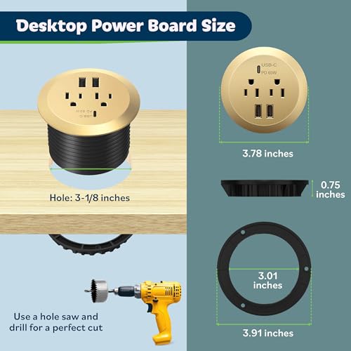 TOPGREENER GaN Desk Grommet with 65W PD for MacBook, Desktop Power Grommet with 1 Fast Charging USB-C Port, 2 USB-A Ports and Duplex Receptacles, TTRP48APD60-GD, Gold - color: Gold