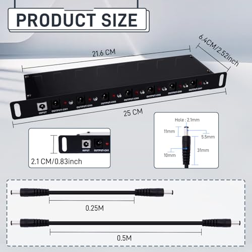 GeeekPi 10 inch Rack PDU, DC PDU Lite 7-CH 0.5U Rack-Mount Power Distribution Unit for DeskPi Rackmate T1/T0/T2/T0 Plus/T1 Plus/TL1/10 Inch Server Cabinet, 7 Outlets, w/3PCS 25cm DC5521 Cables