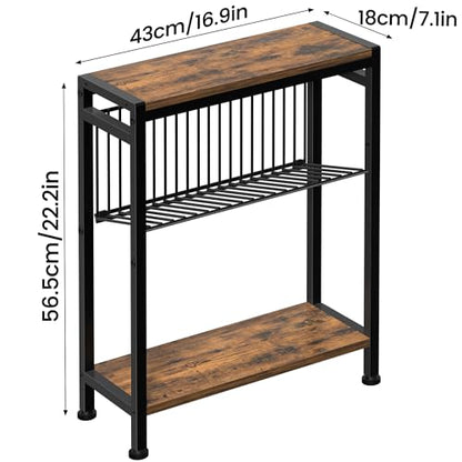Small Side Table Set of 2 for Small Space, 3-Tier Narrow End Table with Magazine Holder, Slim Nightstand, Skinny Snack Couch Table in Living Room, Bedroom and Balcony (Rustic Brown &Black) - color: Rustic Brown-2pcs