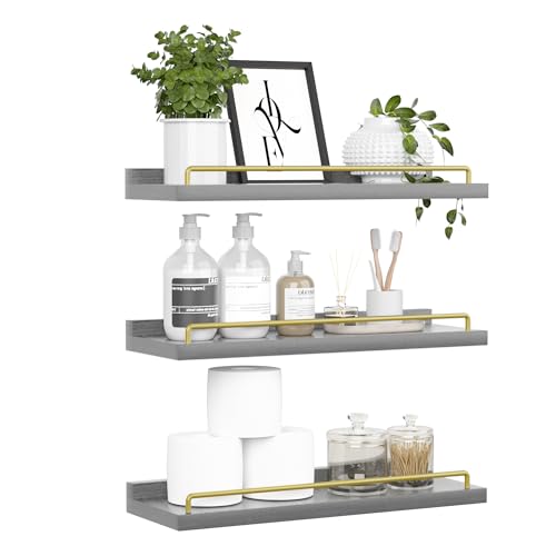 RYOFOBETTO Floating Shelves for Wall Decor, Grey and Gold Shelves for Bathroom, Living Room, Bedroom, Picture Frames, Plants, Kitchen (Set of 3) - color: Grey and Gold, size: 16"