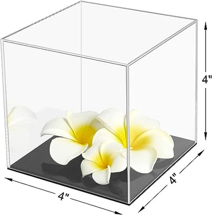 Cliselda Clear Acrylic Display Case with Black Base 4x4x4 inch | Square Acrylic Box Cube Small Storage Containers, Fully Assembled Dustproof Display Box for Collectibles Action Figures - size: 4x4x4 inch