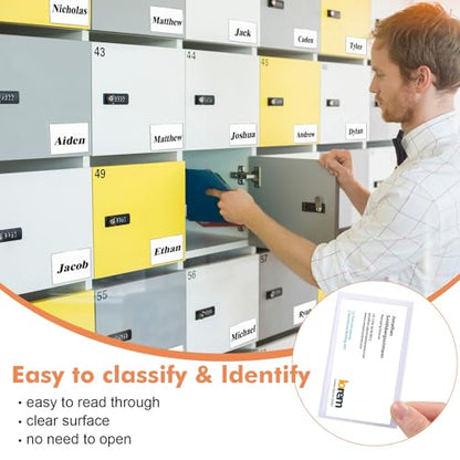 Outus 100 Pcs Index Card Pockets, 2 x 3.75, 2 x 1.5 Inch Clear Self Adhesive Labels Pocket for Business, Plastic Label Sleeves with Top Open for Organizing Storage Bins Library Card Shelves Scrapbook - size: 2 x 3.75, 2 x 1.5 Inch