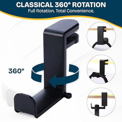 Headphone Stand for Desk - Clamp On Headset Holder with 360° Rotation & Cable Management - Universal Desktop Headphone Hanger Hook for All Headsets