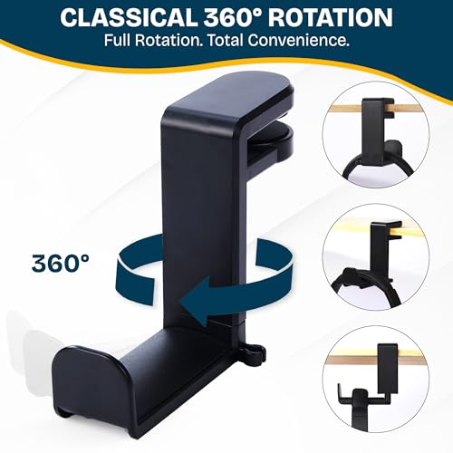 Headphone Stand for Desk - Clamp On Headset Holder with 360° Rotation & Cable Management - Universal Desktop Headphone Hanger Hook for All Headsets