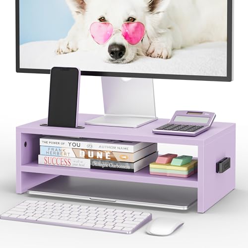 BONTEC Wooden Monitor Stand Riser, 2-Tier Desk Shelf with Storage Organizer, Ergonomic Computer Stand with Cable Management, Cellphone Holder, Purple, 16.5 Inch - color: PURPLE, size: 16.5 Inch
