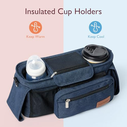 Momcozy Universal Baby Stroller Organizer, 2 Insulated Cup Holder, Detachable Zippered Pocket, Adjustable Shoulder Strap, Large capacity for baby essentials, Compact Design Fits Any Strollers - color: Blue