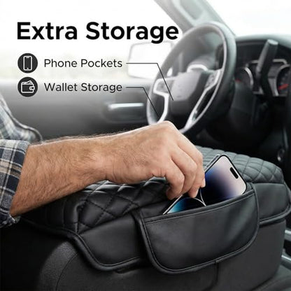 Center Console Cover with Side Pocket for 2019-2026 Chevy Silverado/GMC Sierra and 2021-2026 Tahoe/Suburban/Yukon, Car Armrest Cushion Pad Leather Protective Cover (for Bucket Seat Consoles)