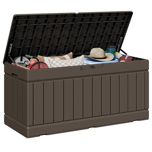 JUMMICO 78 Gallon Outdoor Deck Box Large Resin Storage Box for Patio Furniture Cushions and Garden Tools (Brown) - color: Brown, size: 78 gallon