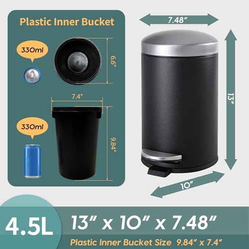 SunnyPoint 4.5 Liter(1.2 Gallon) Round Trash Can with Plastic Inner Bucket; Bathroom, Office, Kitchen and Bedroom Step On and Slow Close (BLK+SN) - color: BLK+SN, size: Small