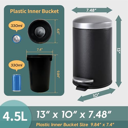SunnyPoint 4.5 Liter(1.2 Gallon) Round Trash Can with Plastic Inner Bucket; Bathroom, Office, Kitchen and Bedroom Step On and Slow Close (BLK+SN) - color: BLK+SN, size: Small