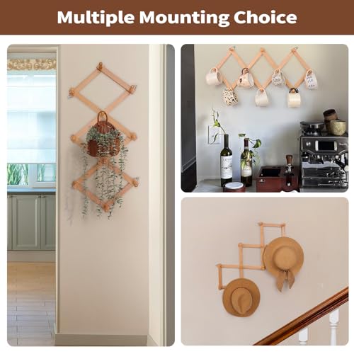 SCUNDA Wall Rack with 10 Hooks, Wooden Wall Expandable Coat Rack for Coat, Hats, Baseball Caps, Coffee Mug, Jewelry(Natural) - color: Natural, size: 10 Hooks